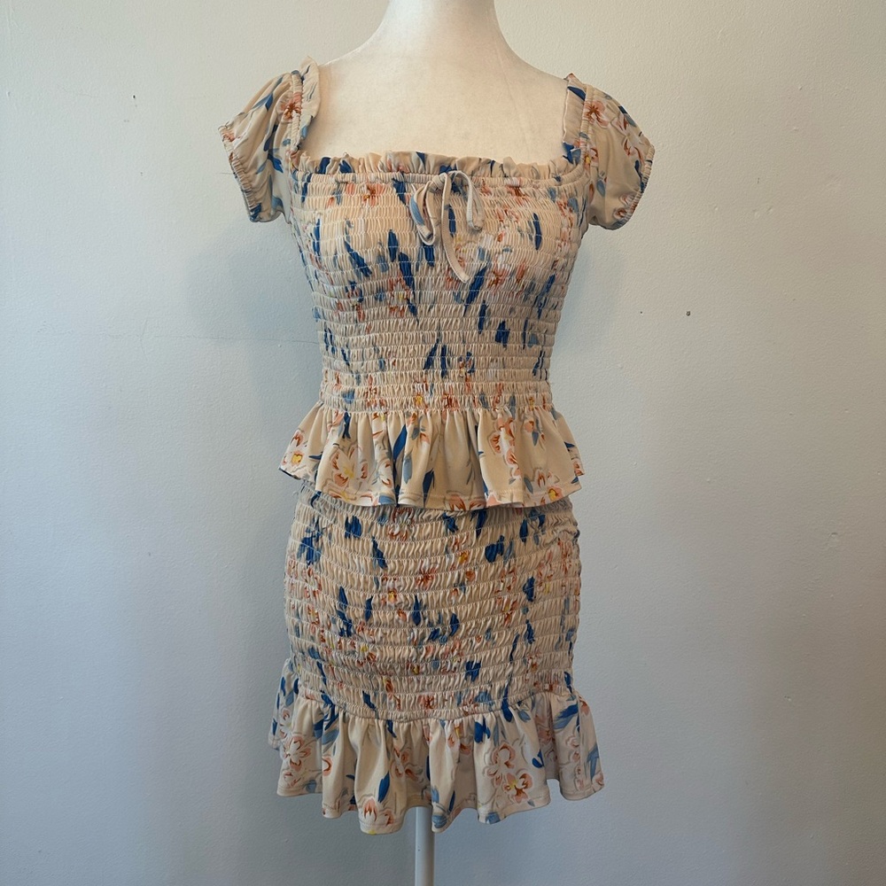 BCBGeneration Floral Cream | Blue Matcing Blouse & Skirt Set